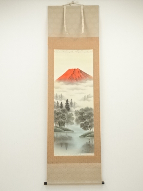 JAPANESE HANGING SCROLL / HAND PAINTED / RED FUJI / ARTIST WORK